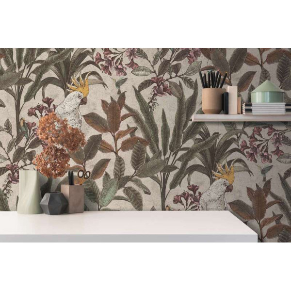 Tapet exotic vintage Kakadu crem-verde
