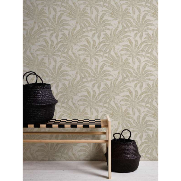 Tapet cu frunze Dracena crem-argintiu
