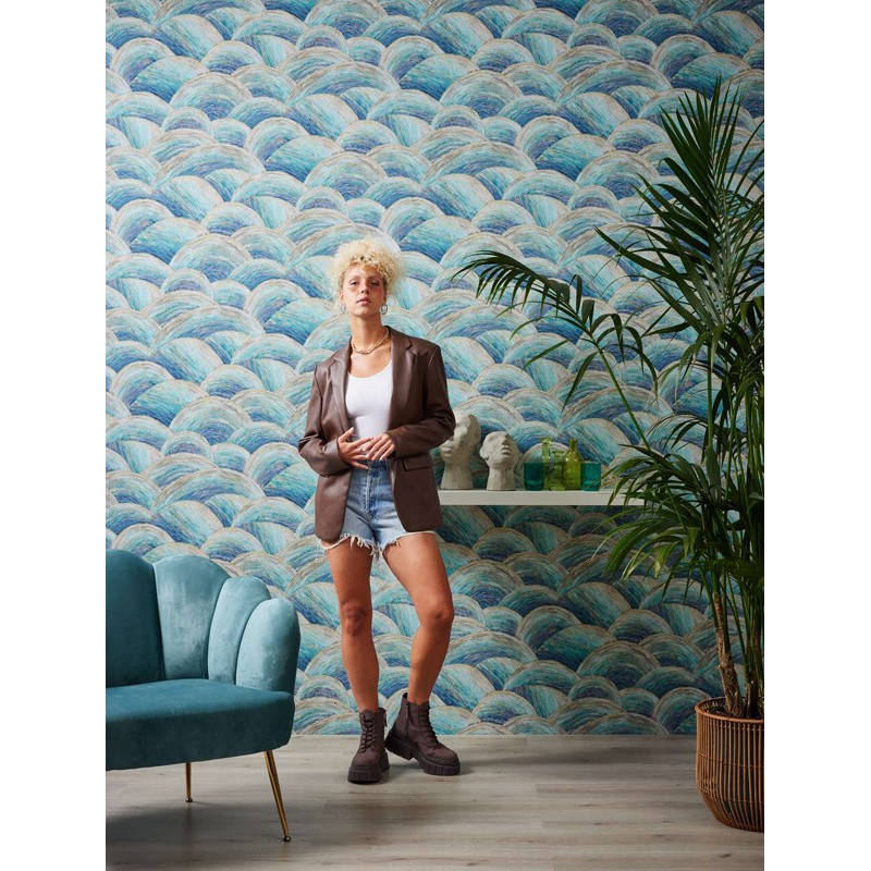 tapet-design-valuri-albastru-auriu-ambient