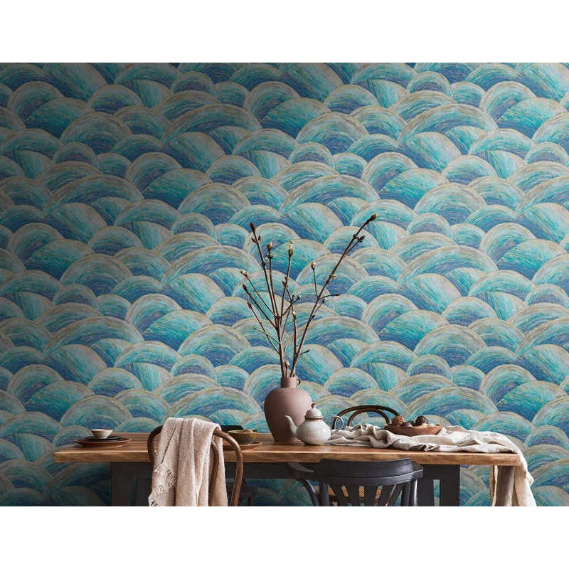 tapet-design-valuri-albastru-auriu-ambient